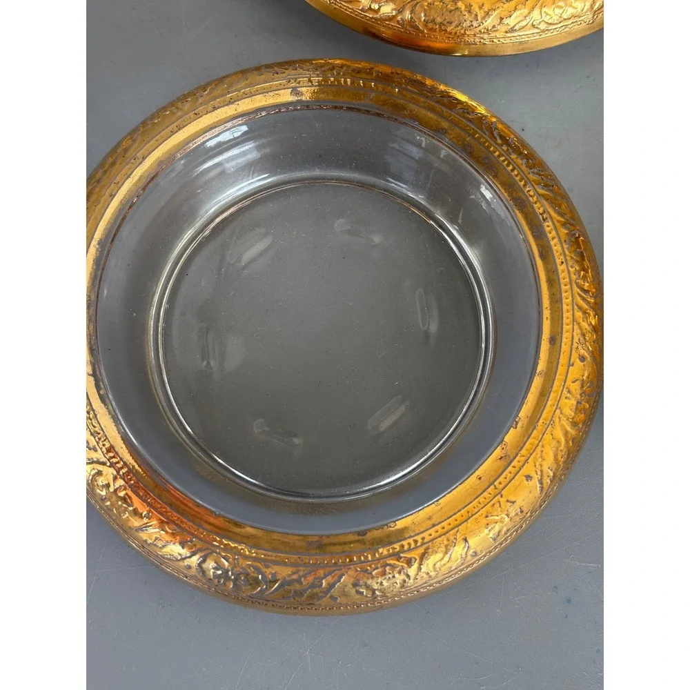Vtg 4 Pc‎ Glass Coasters with Ornate Gold Tone Metal Rims Floral Embossed